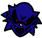 a cartoon drawing of a blue monster with red eyes .