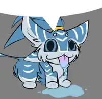 a cartoon drawing of a blue and white animal with its tongue out