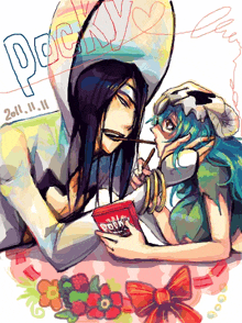 a drawing of a man and woman eating pocky