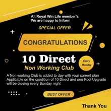 all royal win life members are happy to inform special offer 10 direct non working club .