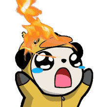 a cartoon panda wearing a duck costume with flames coming out of it 's head .