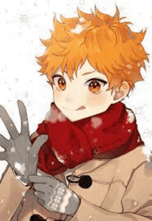 a boy wearing a scarf and gloves in the snow .