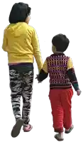 a girl in a yellow jacket holds hands with a boy