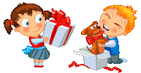 a girl is holding a gift box and a boy is petting a dog