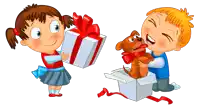 a girl is holding a gift box and a boy is petting a dog