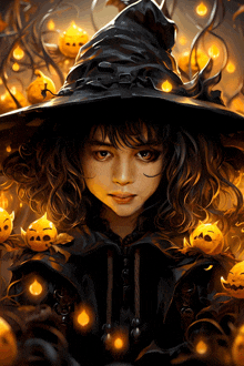 a girl in a witch costume is surrounded by pumpkins