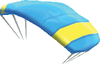 a blue and yellow parachute with a white stripe on the side