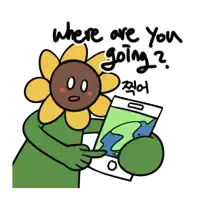 a cartoon of a sunflower holding a cell phone with the words " where are you going " written below it