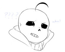 a black and white drawing of a skeleton with a question mark above it