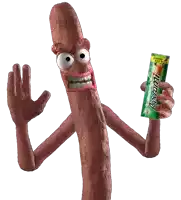 a cartoon character is holding a packet of appetizers