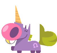 a purple unicorn with a pink bubble gum in its mouth and a thumbs up