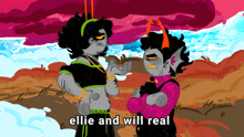 two trolls are standing next to each other with the words ellie and will real above them