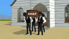 a group of men are carrying a wooden box that says chat