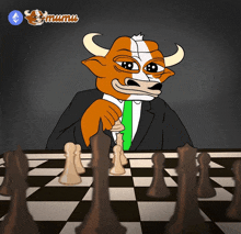 a cartoon of a bull playing a game of chess with a blue icon that says eth