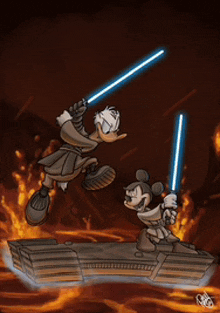 a cartoon of donald duck and mickey mouse holding lightsabers