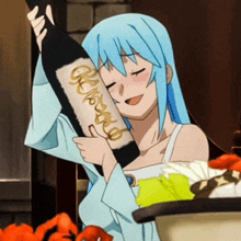 a girl with blue hair is holding a bottle of moscato wine