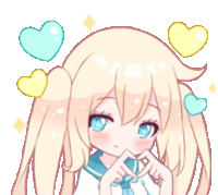 a girl with blonde hair and blue eyes is surrounded by hearts