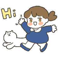 a cartoon drawing of a girl and a cat with the word hi above them