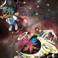 a colorful drawing of a duck flying through space with a sd music logo in the corner