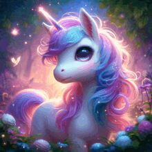 a unicorn with a rainbow mane is surrounded by flowers