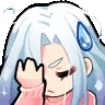 a pixel art illustration of a girl with long white hair covering her face .