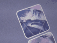 a close up of a purple square with a picture of a man on it