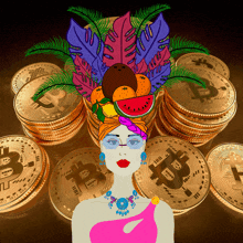 a woman is surrounded by stacks of bitcoins