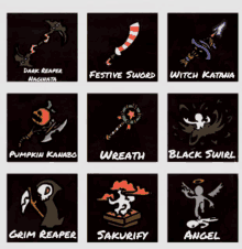 a collection of weapons including a dark reaper naginata