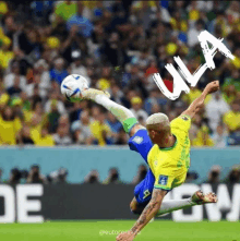 a soccer player is kicking a soccer ball with the word wa written above him