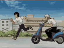 a man riding a blue scooter is running behind another man