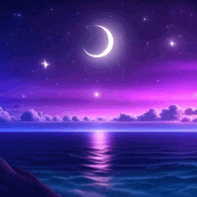 a purple sky with a crescent moon and stars over a body of water