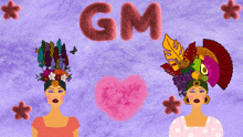 gm is written on a purple background with a pink heart in the middle