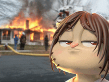 a cartoon of a girl with a fire in the background