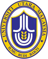 a blue and yellow logo for universiti utara malaysia with a shield in the center