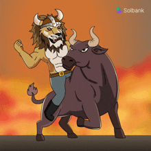 a cartoon of a lion riding a bull with a solbank logo behind it