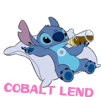 a cartoon of stitch drinking from a bottle with the words cobalt lend written below him