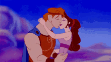 a cartoon of hercules and megara kissing in the sky