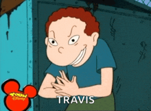 a cartoon character with the name travis on the bottom right