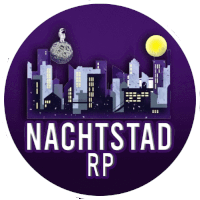 a purple circle with a city skyline and the words nachtstad rp on it