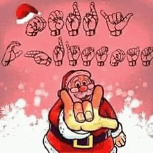 a cartoon of santa claus wearing a santa hat and giving the i love you sign .