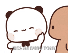 a cartoon bear says kiss me dudu tony in front of another bear