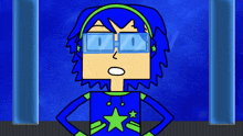 a cartoon character with blue hair and glasses has a green star on his shirt