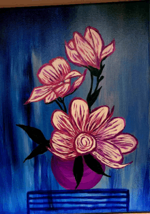 a painting of pink and white flowers on a blue background