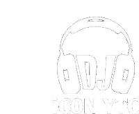 a black and white drawing of a pair of headphones with the words dj icon ytc below it .