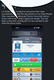 a screenshot of a clash royale game that says i 'm thrilled to announce that i have succeeded