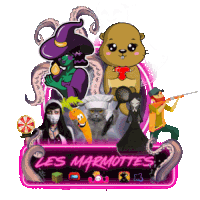 a poster for les marmottes shows a witch a beaver a cat and a man holding a gun