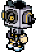 a pixel art drawing of a robot with a yellow eye and a black body .