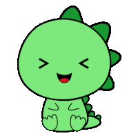 a cute green dinosaur is sitting down and smiling .