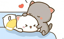 two cats are laying on top of each other on a bed with a heart in the background .