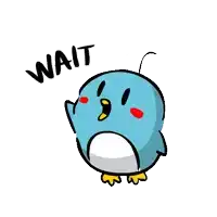 a cartoon of a blue penguin with the word wait written below it